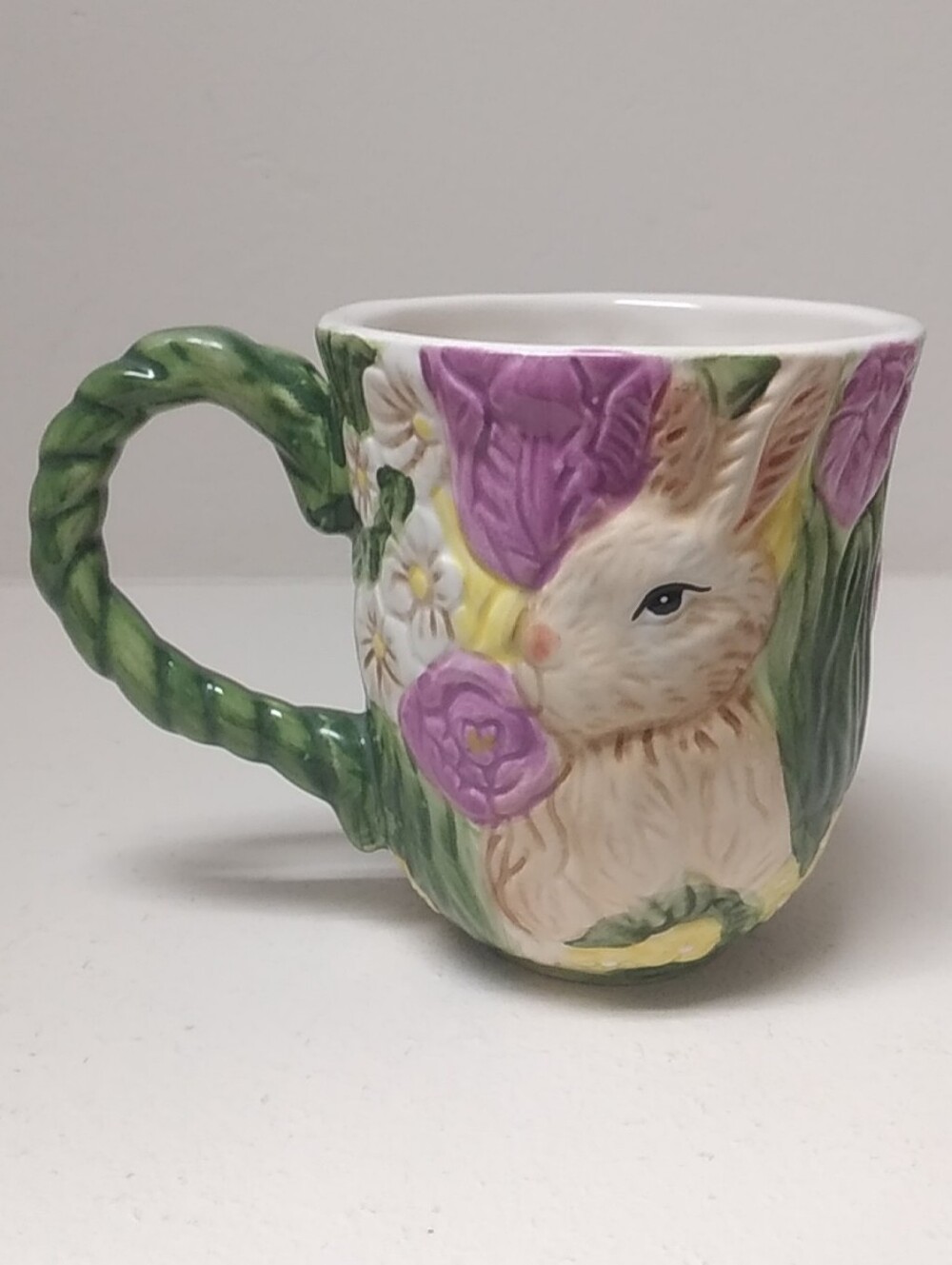 Cracker Barrel Hand-Painted Bunny Floral Ceramic Mug- Purple and Green Fairycore